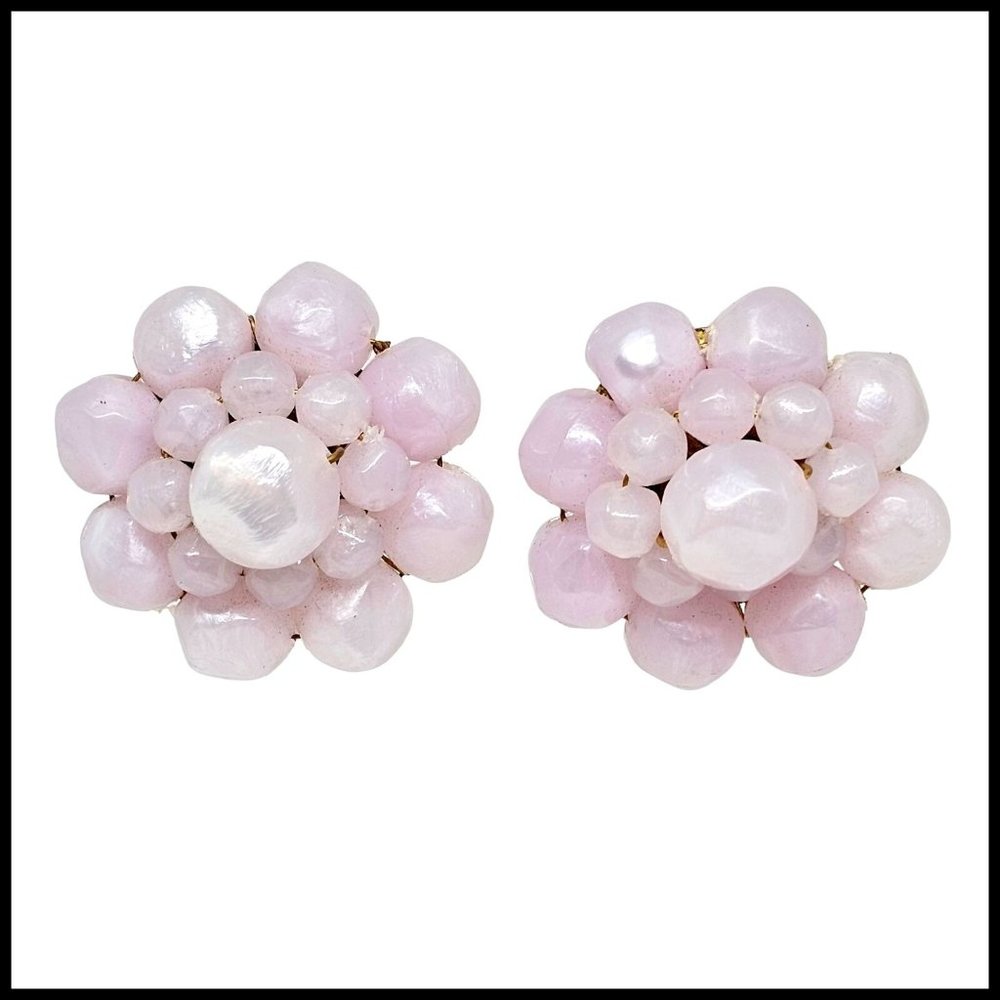 Vintage signed Germany Light Pink Pearlized Bead Cluster Clip On Earrings